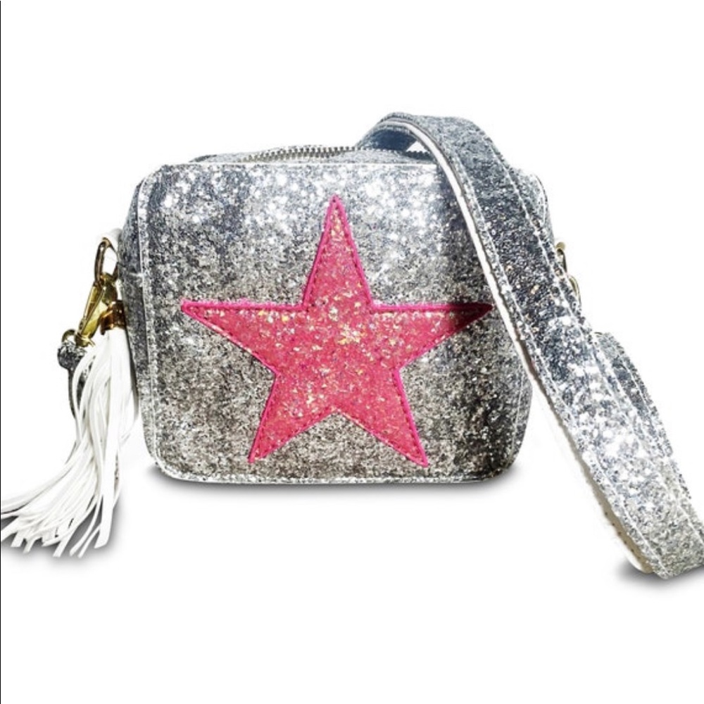 NEW PREPPY SILVER GLITTER PINK STAR CROSSBODY HANDBAG GOOSE TEEN GOLDEN